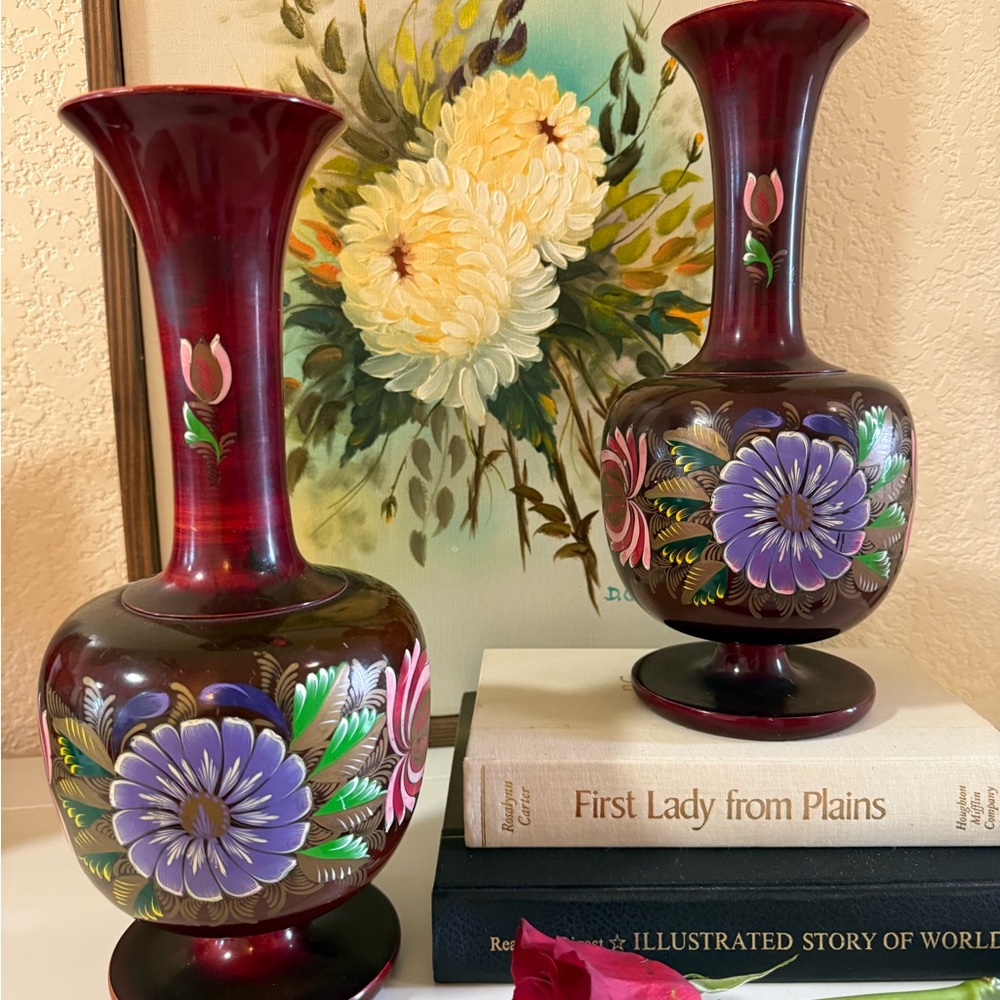 2 Tall Wooden Vintage Hand-Painted Floral Vases